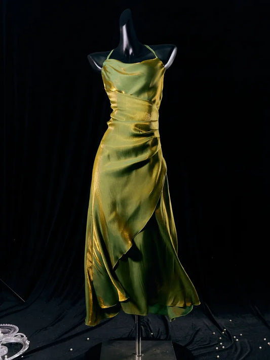 Charming A Line Spaghetti Strap Green Satin Prom Dress Evening Dress DP1711