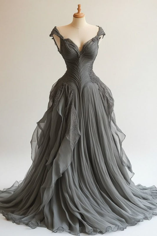 Grey A Line Straps Appliques Chiffon Long Prom Dresses DP4171
