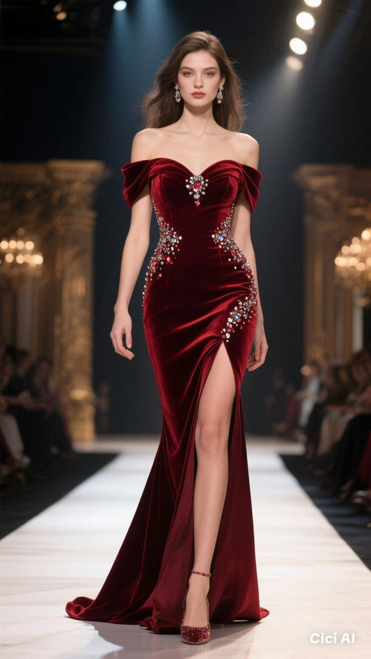 Classic Burgundy Mermaid Off the Shoulder Beaded Velvet Prom Dress Party Dress with Slit DP3599