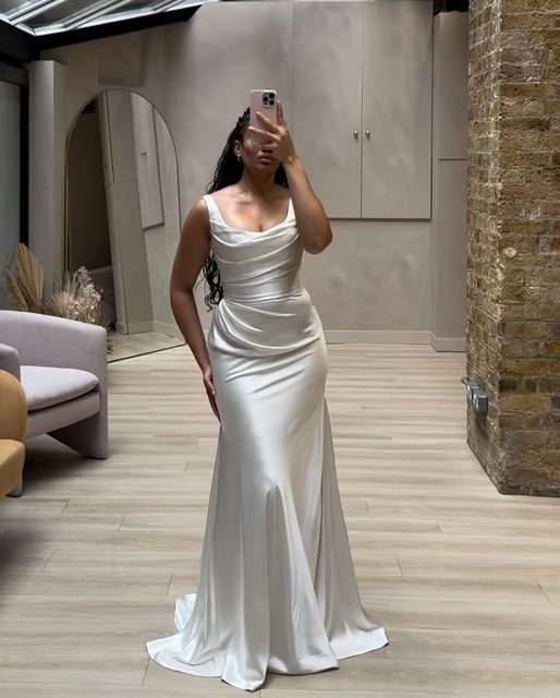 White Mermaid Spaghetti Strap Pleated Satin Long Wedding Dress DP8013
