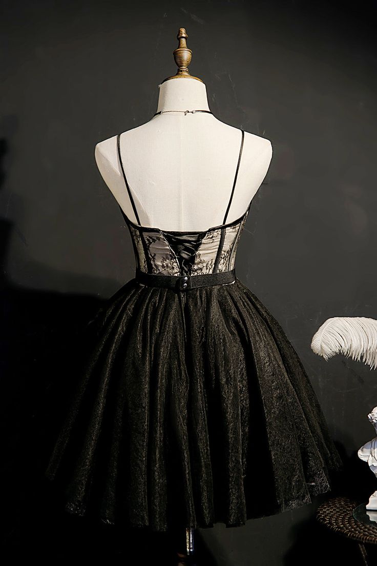 A Line Spaghetti Straps Lace Black Satin Short Homecoming Dresses DP1359