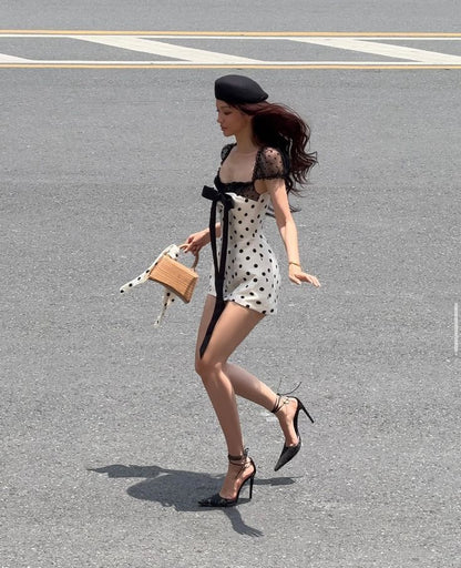 Cute A Line Puff Black Lace Polka Dot Satin Short Homecoming Dress Outfits DP4024