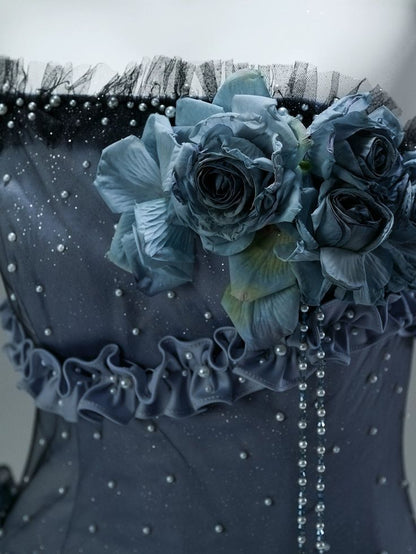 Princess Dark Blue Ball Gown Strapless Beaded Layered Organza Prom Dress 16th Birthday Dress DP5390