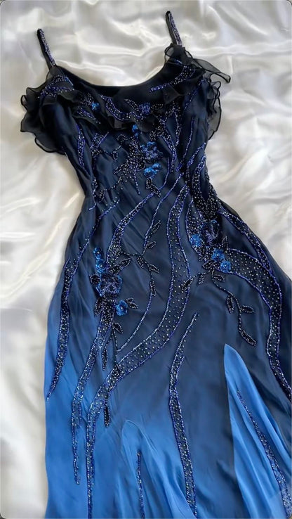 Navy Blue Gorgeous Exquisite Fashion Beaded Charming Long Tulle Elegant Ball Gown Evening Dress Party Dress DP3069