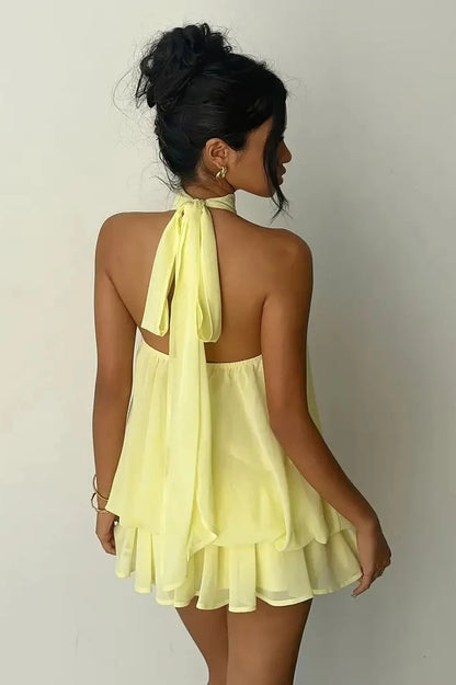 Yellow Sexy Backless Halter Tie Waist Slim Fit Ruffled Mini Dress Homecoming Dress DP5909
