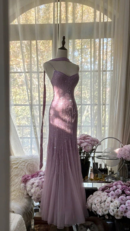 Purple Sheath Spaghetti Strap Beaded Tulle Long Prom Dress Evening Dress DP1951