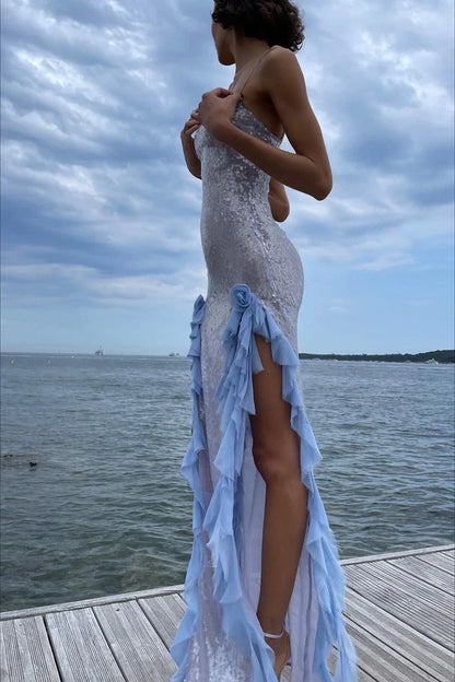 Blue Sheath Spaghetti Strap Shiny Sequin Prom Dress Evening Dress with Slit DP5581
