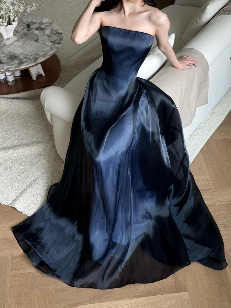 Simple A Line Strapless Navy Blue Satin Prom Dress Party Dress DP6540