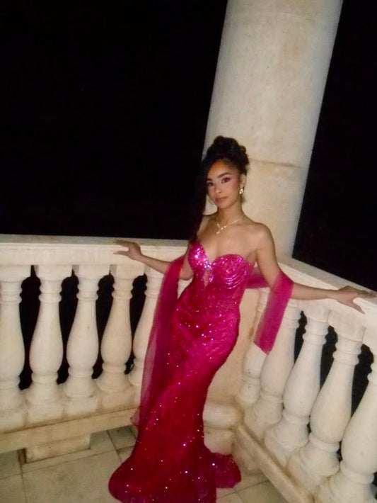 Hot Pink Mermaid Sweetheart Neck Shiny Sequin Beaded Tulle Prom Dress Evening Dress DP8037