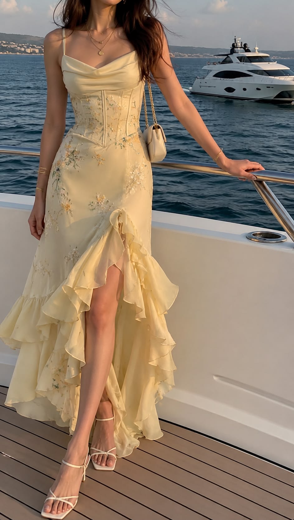 Mermaid Spaghetti Strap Light Yellow Ruffle Chiffon Long Prom Dress Party Dress DP5809