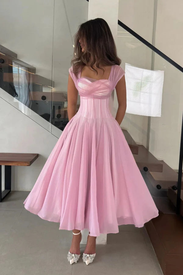 Princess Pink A Line Straps Tulle Chiffon Prom Dress Party Evening Dress DP5372