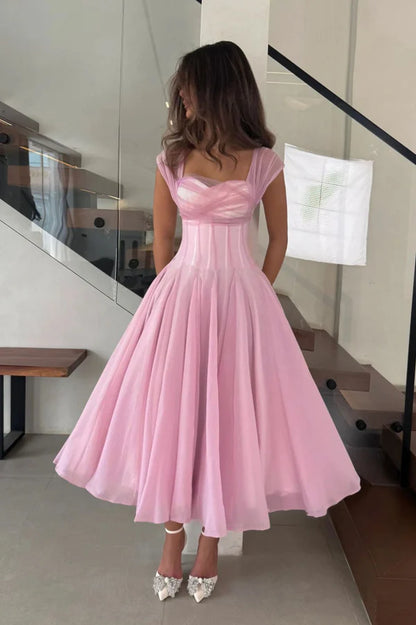 Princess Pink A Line Straps Tulle Chiffon Prom Dress Party Evening Dress DP5372