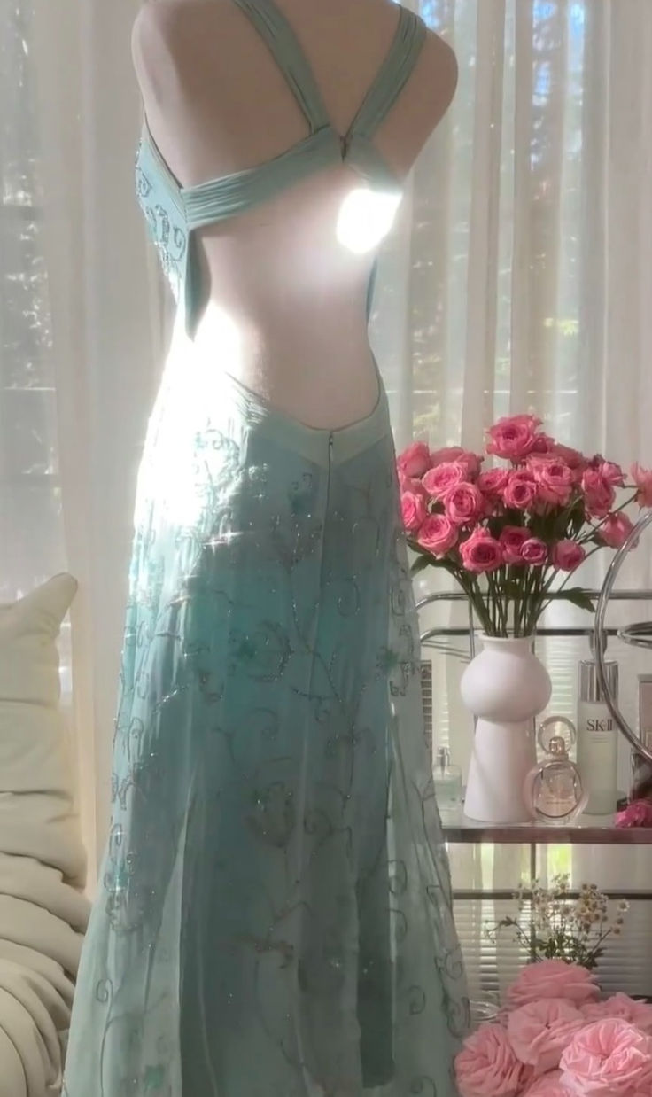 Dreamy A Line Strap Beaded Sequin Blue Tulle Open Back Prom Dress Evening Dress DP2057