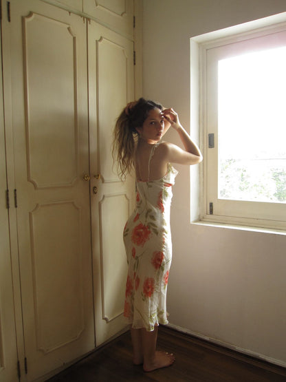 Gentle Sheath Straps Printed Floral Chiffon Tea Length Vacation Dress Outfits DP4044