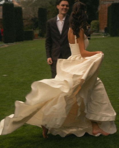 Classic Ball Gown Spaghetti Strap Pleated Simple Satin Wedding Dress DP4371