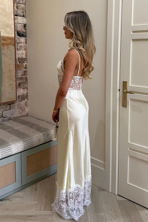 Romantic Ivory A Line Straps Lace Satin Prom Dress Party Evening Dress DP5375