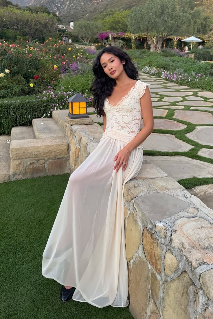 Ivory A Line V Neck Lace Chiffon Long Prom Dress Evening Dress DP7116