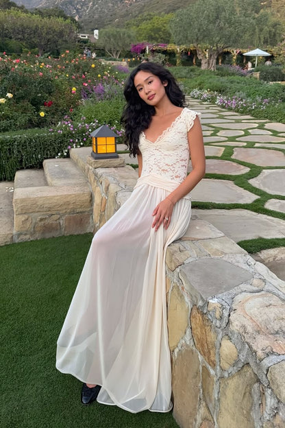 Ivory A Line V Neck Lace Chiffon Long Prom Dress Evening Dress DP7116