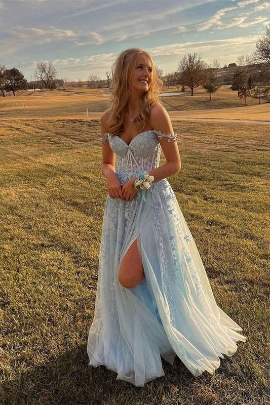 Baby Blue A Line Spaghetti Straps Appliques Tulle Long Prom Dress Evening Dress with Slit DP2788