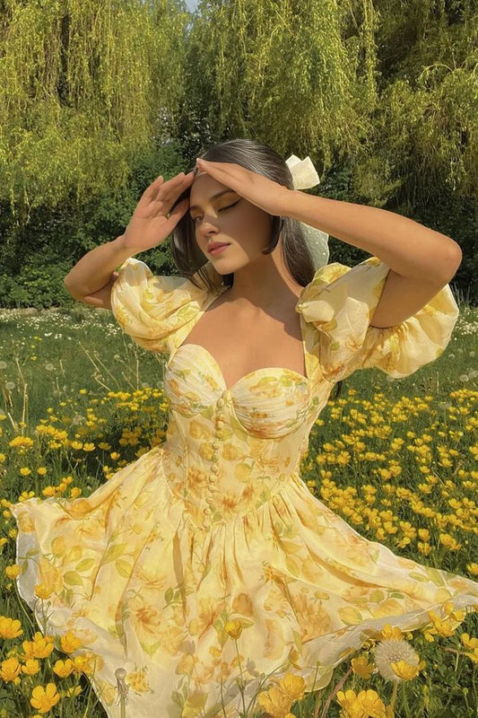 Princess A Line Puff Print Flower Satin Short Homecoming Dress Birthday Dress DP1703
