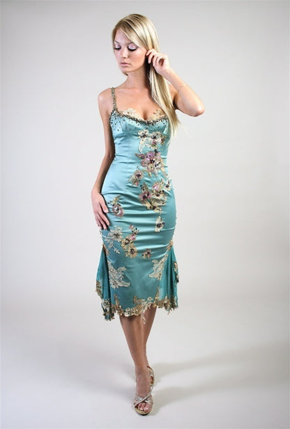 Vintage Blue Mermaid Spaghetti Strap Beaded Lace Appliques Satin Homecoming Dress DP3115