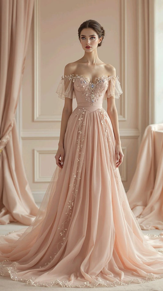 Light Pink A Line Off the Shoulder Beaded Chiffon Prom Dress Evening Dress DP3837
