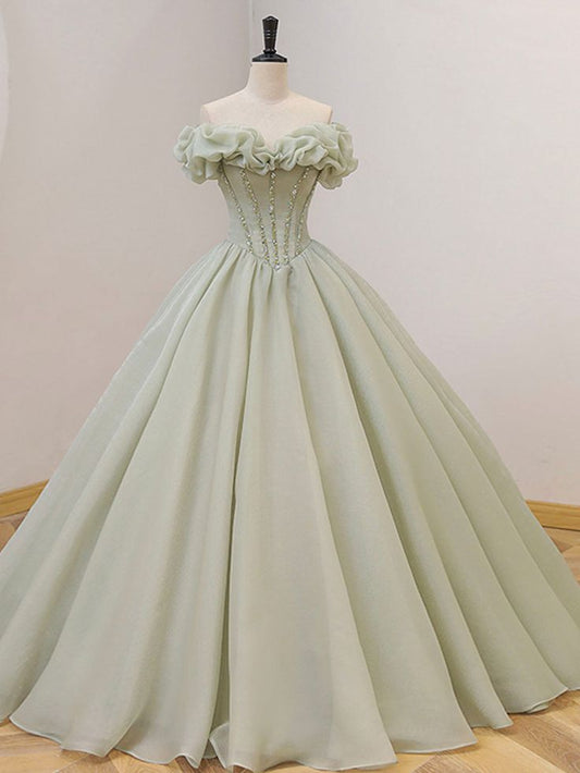 Sweet A Line Strapless Tulle Green Long Prom Dress with Sequin DP751
