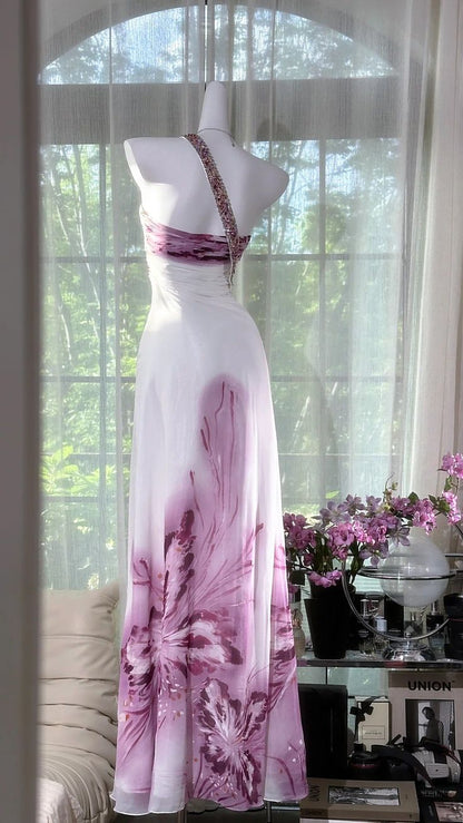Pretty A Line One Shoulder Beaded Purple Floral Chiffon Prom Dress Party Dress DP3592