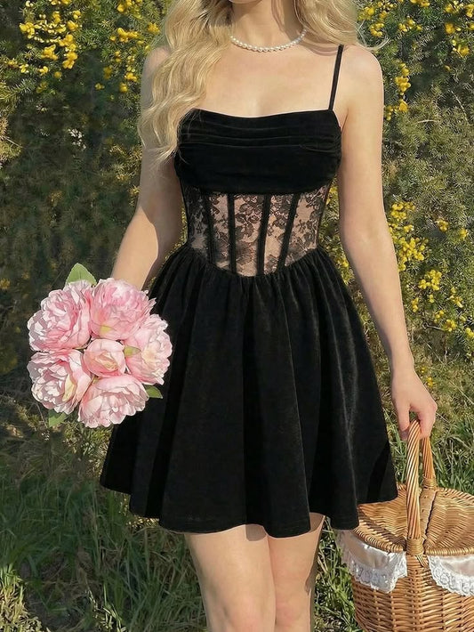 Cute Black A Line Spaghetti Strap Lace Corset Velvet Short Homecoming Dress Outfits DP6890