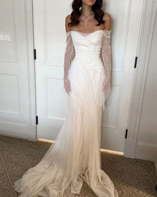 Ethereal Mermaid Long Sleeve Pleated White Tulle Wedding Dress DP6843