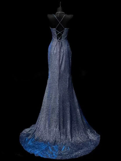 Classy Mermaid Spaghetti Straps Navy Blue Sequin Long Evening Gowns Prom Dress DP3310