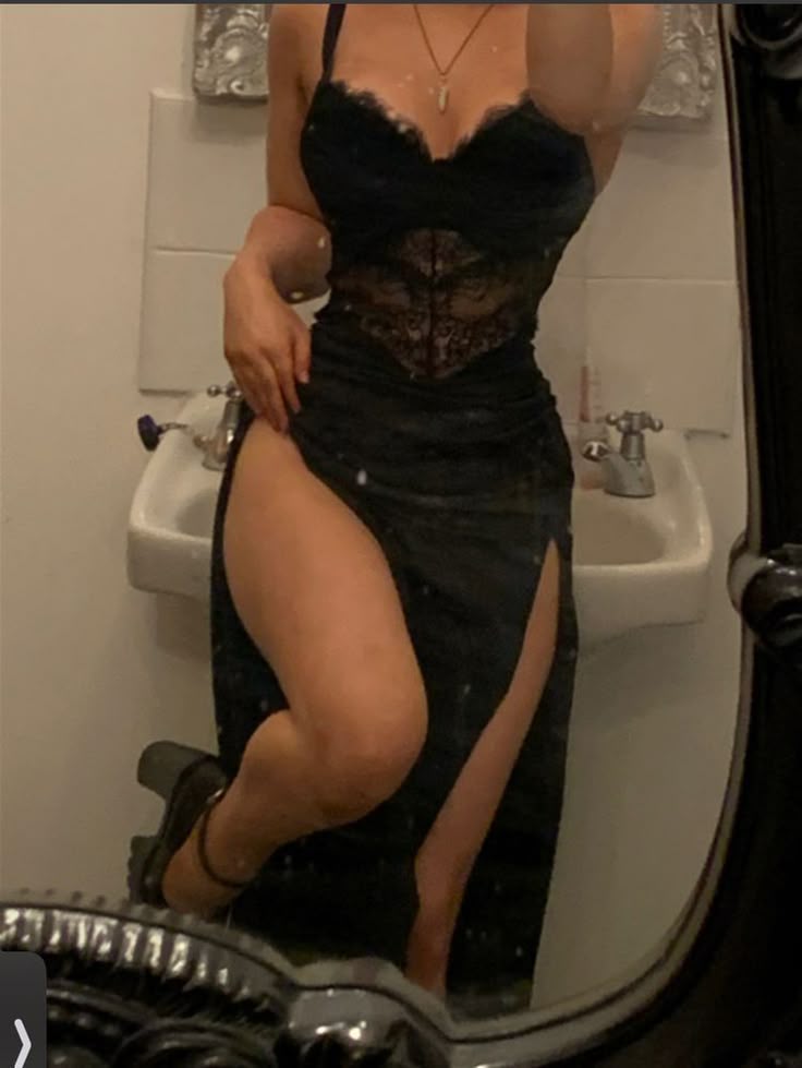 Sexy A Line Spaghetti Strap Black Lace Satin Long Evening Dress with Slit DP2886