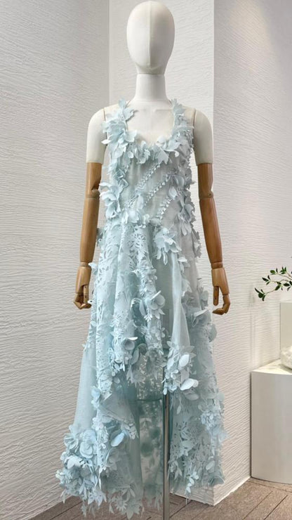 Light Blue A Line Spaghetti Straps Appliques Satin Evening Dress Prom Dress DP1205