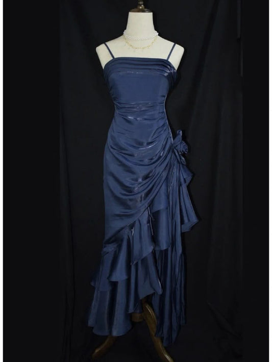 Dark Blue Vintage Floral Spaghetti Strap Satin Prom Dress Asymmetrical Hem Prom Gown DP2035