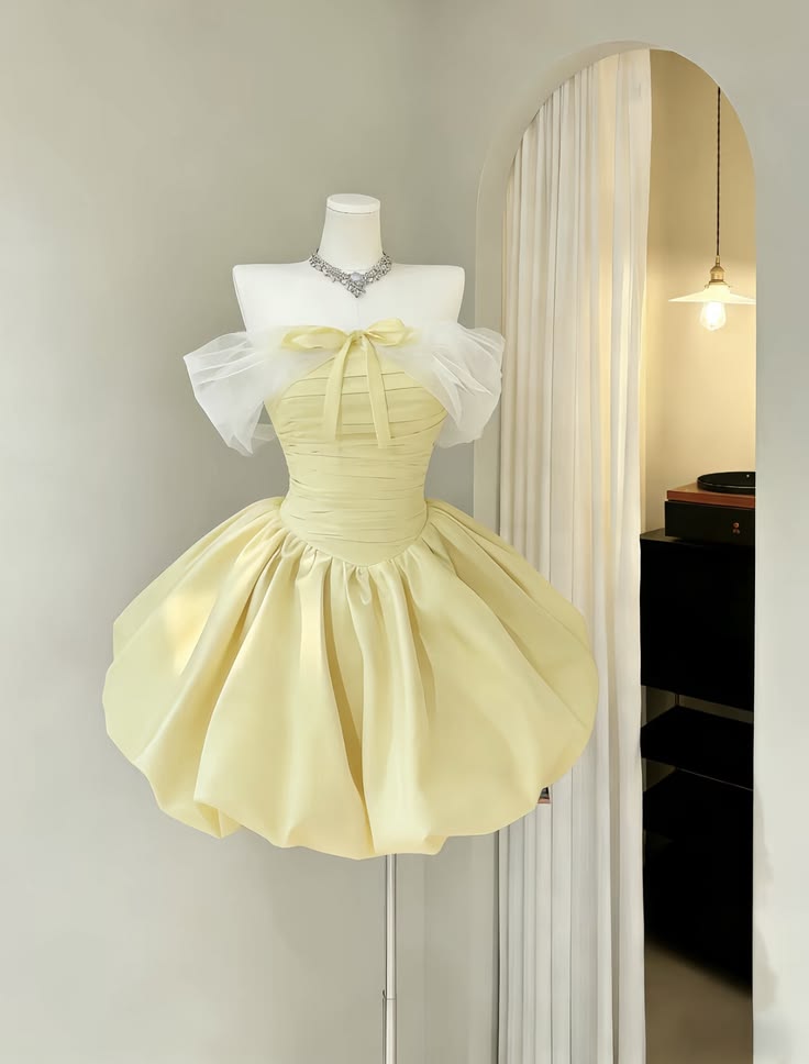 Yellow A Line Off the Shoulder Tulle Satin Short Homecoming Dress DP5680