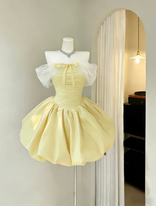 Yellow A Line Off the Shoulder Tulle Satin Short Homecoming Dress DP5680