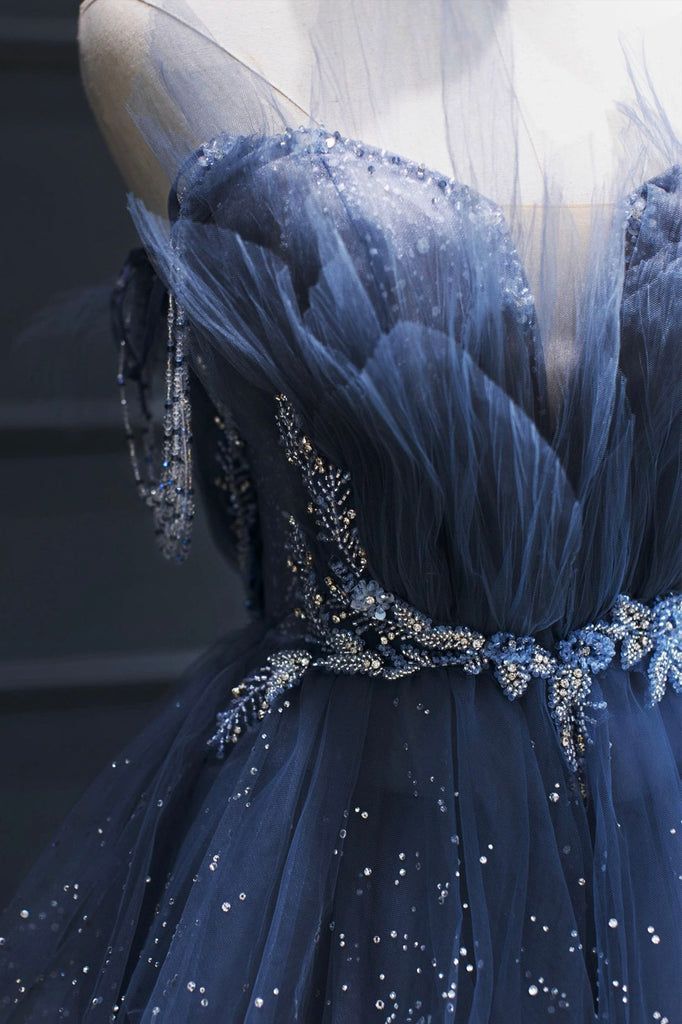 Stunning Exquisite Beaded A Line Strapless Layered Blue Tulle Prom Dress Evening Dress Date Dress DP3469
