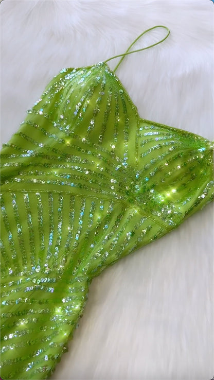 Green A Line Spaghetti Strap Sequin Chiffon Long Party Dress Evening Dress DP2346
