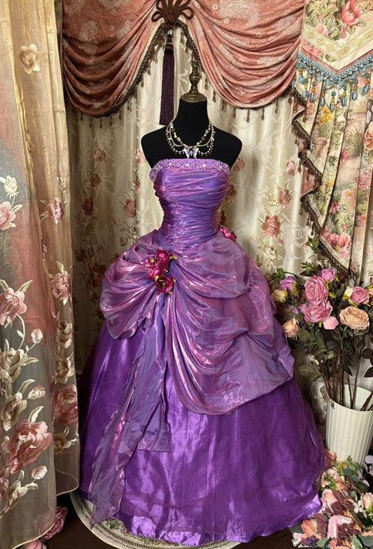 Vintage Purple Ball Gown Strapless Beaded Pleated Organza Prom Dress 22th Birthday Dress DP4062