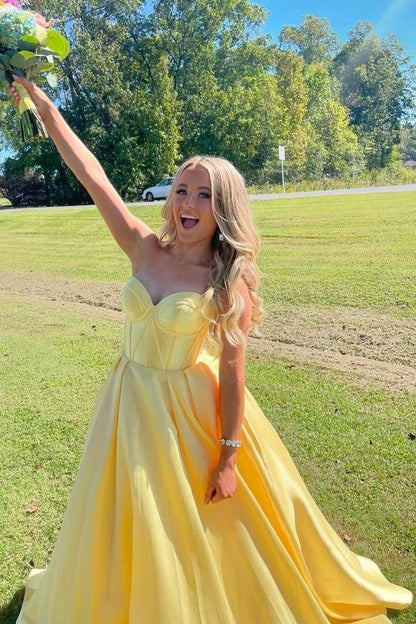 Yellow A Line Sweetheart Corset Satin Prom Dress DP822