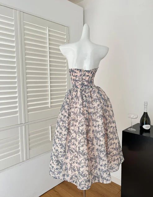 Blue Print Floral A Line Sweetheart Neck Satin Homecoming Dress Outfits DP3938