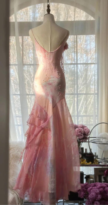 Fairytale Pink Mermaid Spaghetti Strap Beaded Ruffle Chiffon Prom Dress DP2259