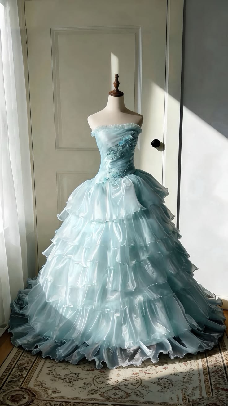 Dramatic Blue Ball Gown Strapless Layered Organza Prom Dress Evening Dress DP7508