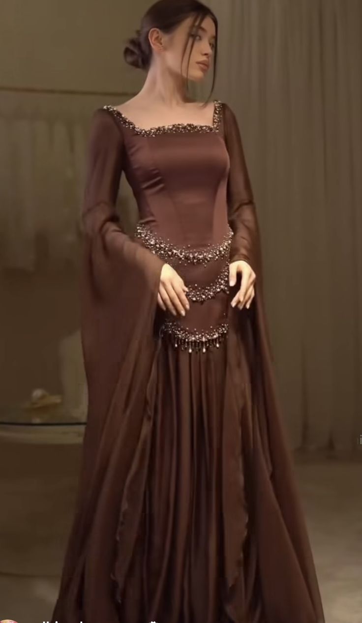 Elegant A Line Long Sleeve Beaded Chiffon Satin Prom Dress DP4798