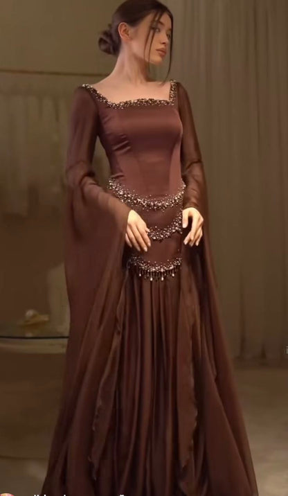 Elegant A Line Long Sleeve Beaded Chiffon Satin Prom Dress DP4798