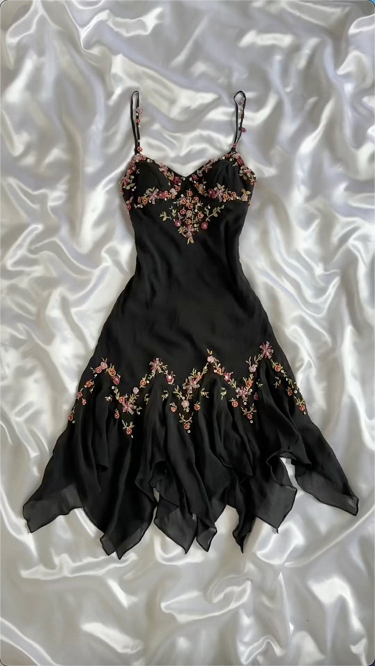 Cute A Line Spaghetti Strap Flower Black Chiffon Homecoming Dress Outfits DP1846