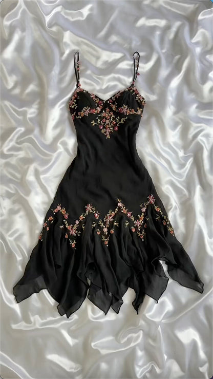 Cute A Line Spaghetti Strap Flower Black Chiffon Homecoming Dress Outfits DP1846