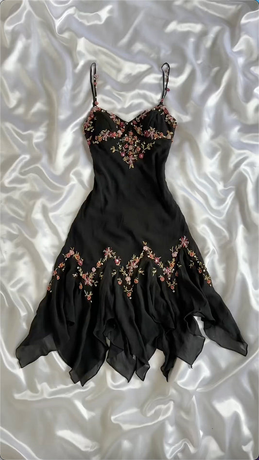 Cute A Line Spaghetti Strap Flower Black Chiffon Homecoming Dress Outfits DP1846