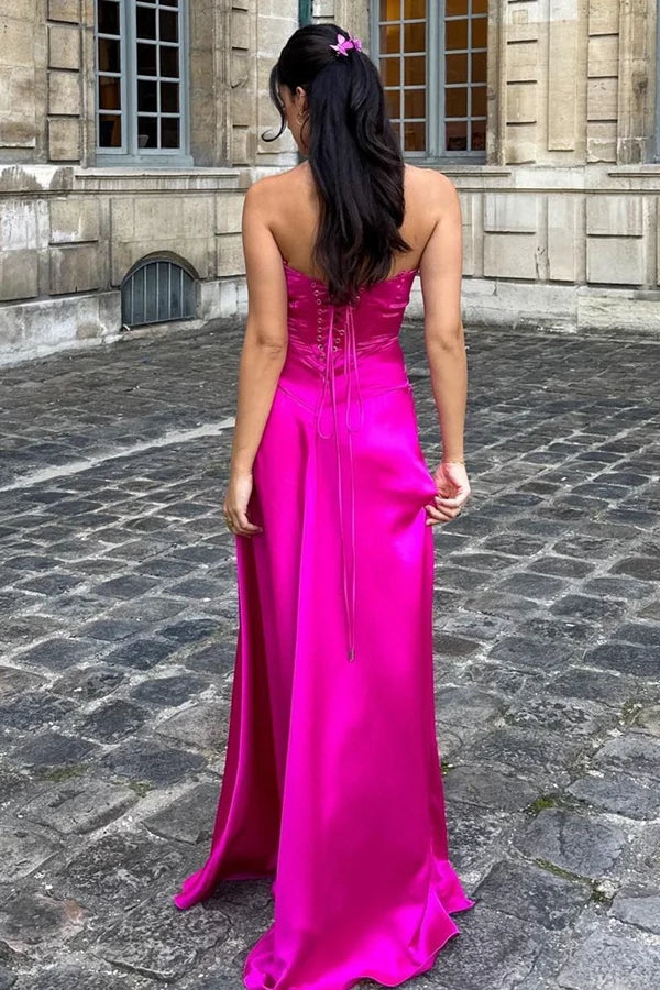 Hot Pink A Line Spaghetti Strap Satin Long Prom Dress Evening Dress DP7119