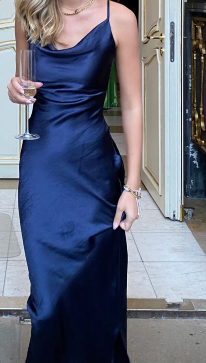 Navy Blue Simple Sheath Spaghetti Straps Satin Prom Dress Formal Dress DP3502
